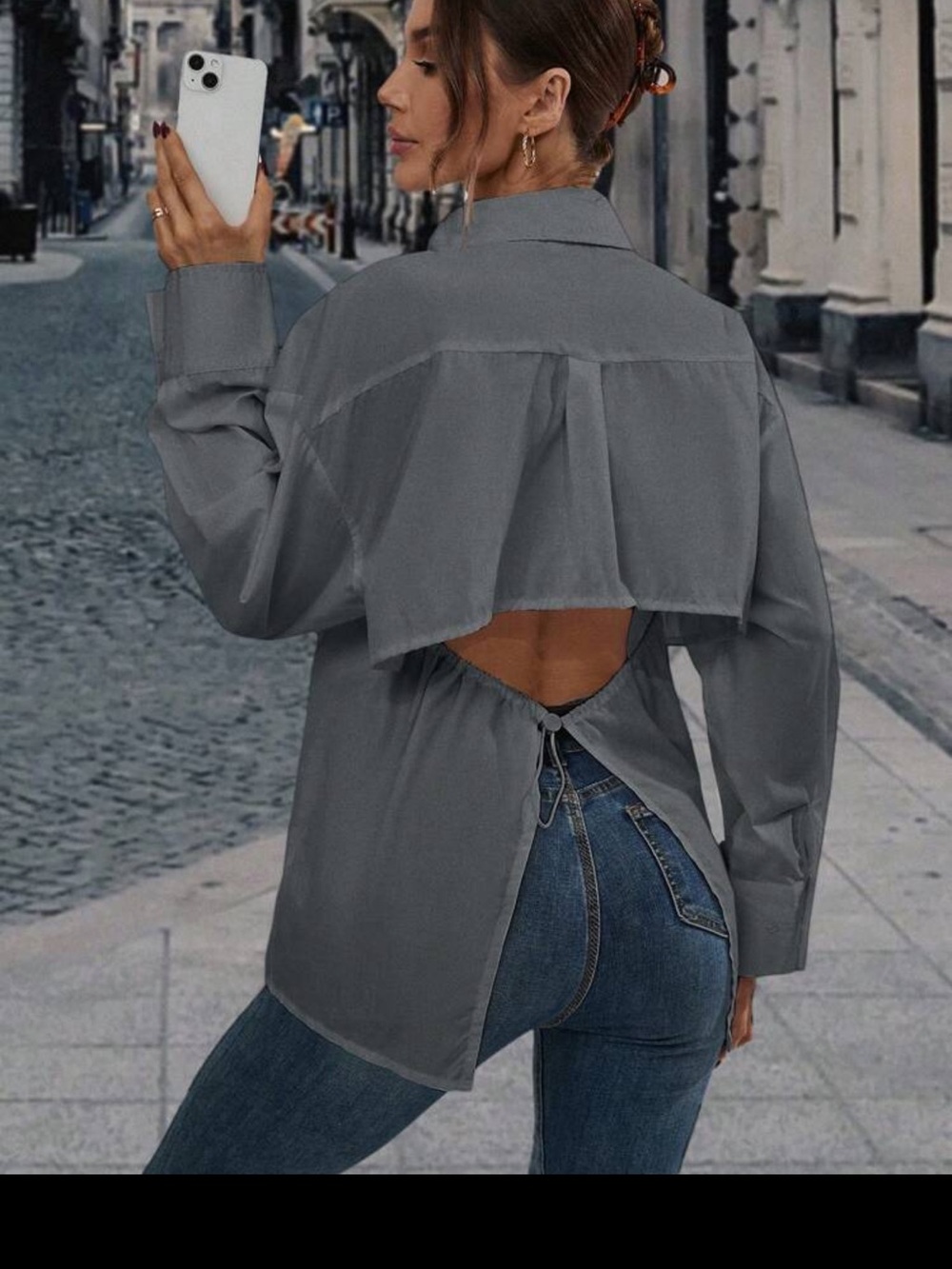 3/$45 Gray Casual Button-Down Shirt with Back Tie Detail